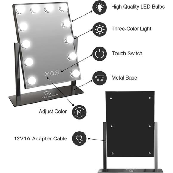 Lighted Makeup Mirror Hollywood Mirror Vanity Makeup Mirror with Light (Black) - Picture 2 of 6